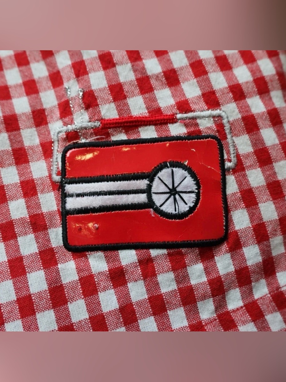 Red Gingham Picnic Novelty Applique Rockabilly Blouse Top Womens Large - Picture 10 of 16